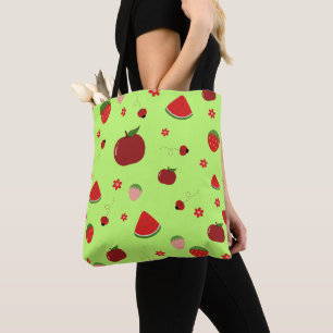 Bolso De Tela Patrón de frutas rojas Kawaii en verde lima