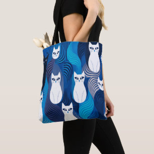 Bolso De Tela Patrón de gato blanco azul