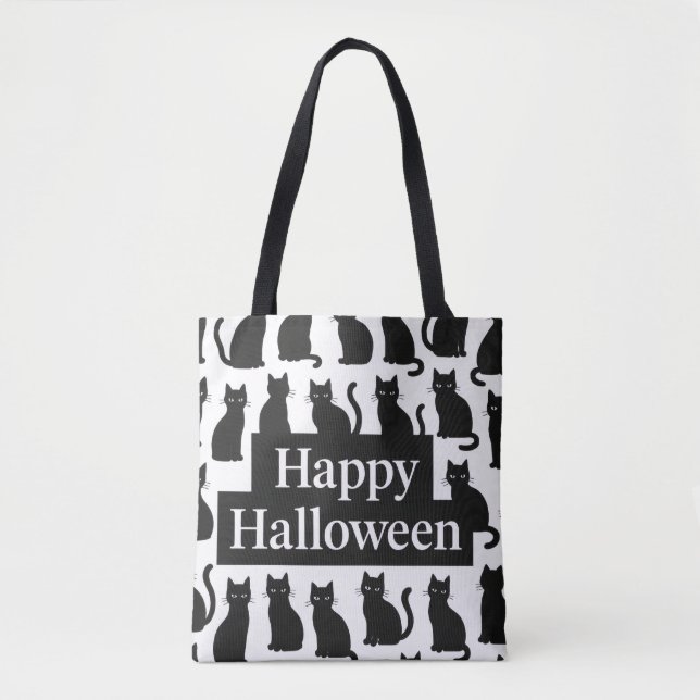 Bolso De Tela Patrón de gato blanco y negro lúdico de Halloween (Anverso)