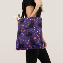 Bolso De Tela patrón de Gatos Negros y Flores Silvestres