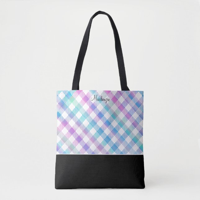 Bolso De Tela Patrón de Gingham azul irlandés con monograma (Anverso)