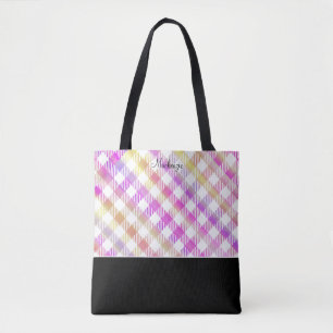 Bolso De Tela Patrón de gingham rosa iridiscente con monograma