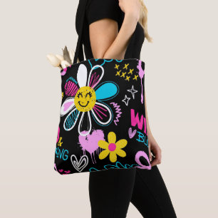 Bolso De Tela Patrón de Grafiti de Flor Sonriente Colorida