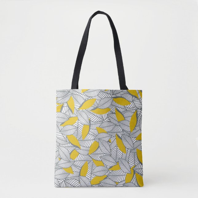 Bolso De Tela Patrón de hoja gris y amarillo. (Anverso)
