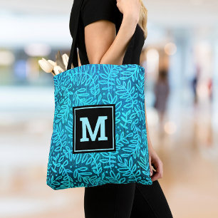 Bolso De Tela Patrón de hoja turquesa monograma audaz personaliz
