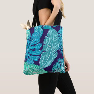Bolso De Tela Patrón de hojas azules verdes tropicales
