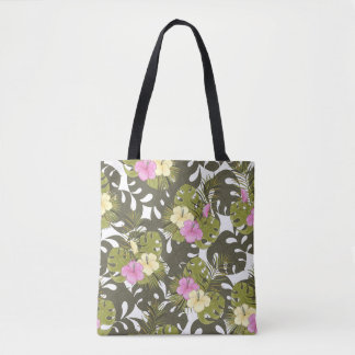 Bolso De Tela Patrón de hojas de jungla tropical e hibisco