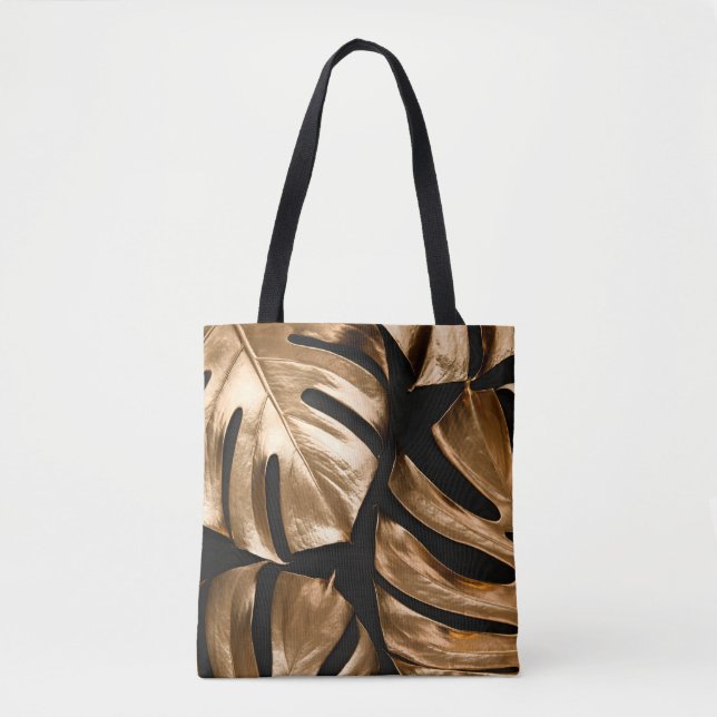 Bolso De Tela Patrón de hojas de monstera de oro (Anverso)
