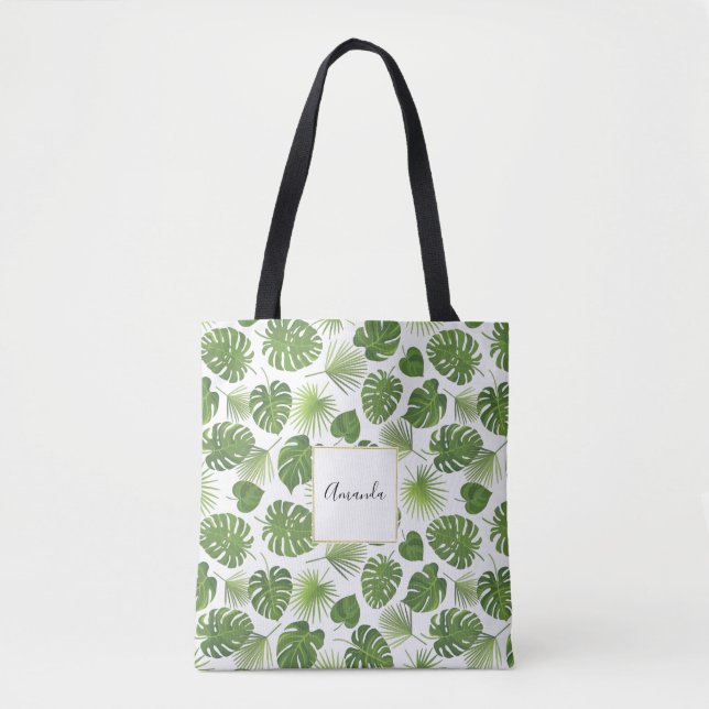 Bolso De Tela Patrón de hojas tropicales verdes y elegantes (Anverso)