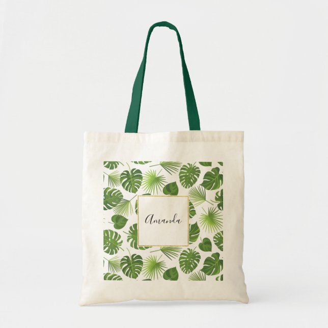 Bolso De Tela Patrón de hojas tropicales verdes y elegantes (Frente)