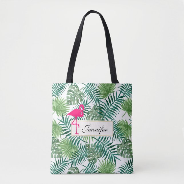 Bolso De Tela Patrón de hojas tropicales y flamenco rosa (Anverso)