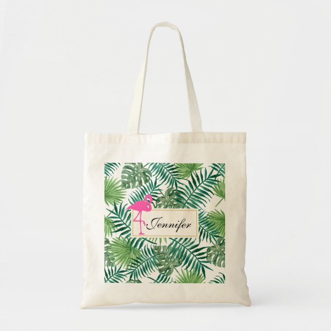 Bolso De Tela Patrón de hojas tropicales y flamenco rosa (Frente)