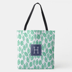 Bolso De Tela Patrón de hojas verdes y monograma azul