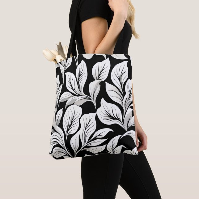 Bolso De Tela Patrón de hojas Waldorf contemporáneo Gris blanco  (Detalle)