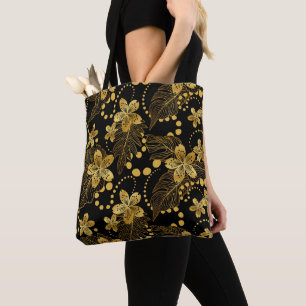 Bolso De Tela Patrón de hojas y flores tropicales negras y dorad