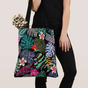 Bolso De Tela Patrón de hojas y flores tropicales vibrantes