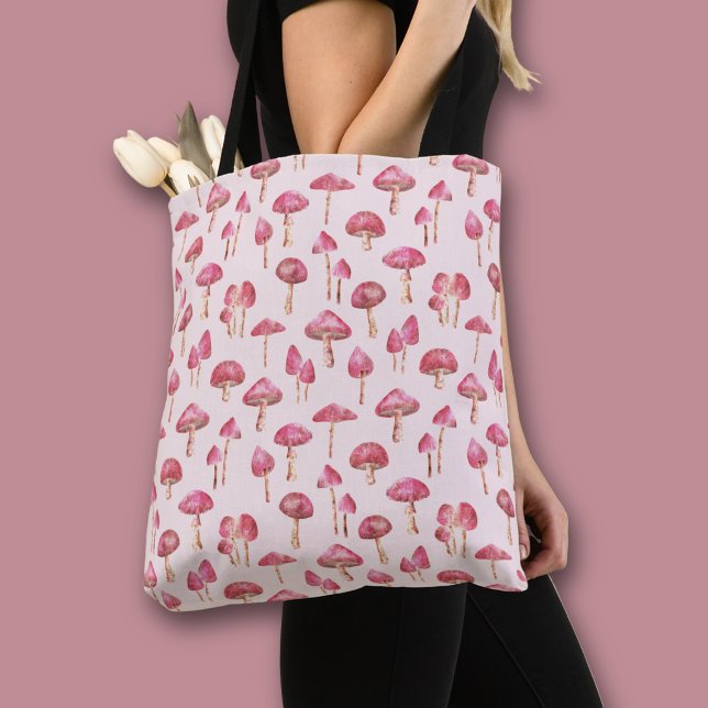 Bolso De Tela Patrón de hongo de bosque rosa (Pink mushroom all over print tote bag)