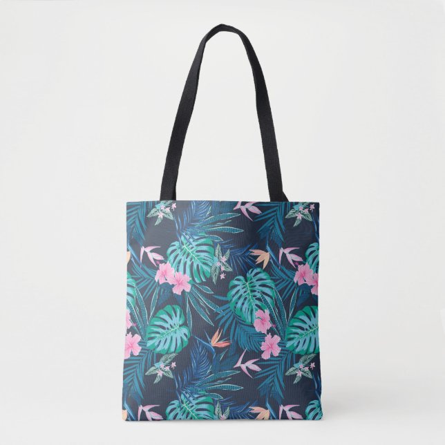 Bolso De Tela Patrón de jardín de flores tropical azul (Anverso)