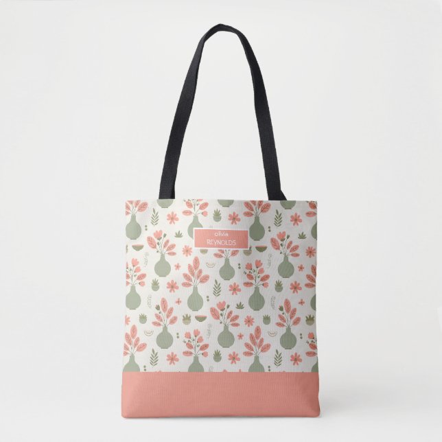 Bolso De Tela Patrón de la vasa floral suave con nombre (Anverso)