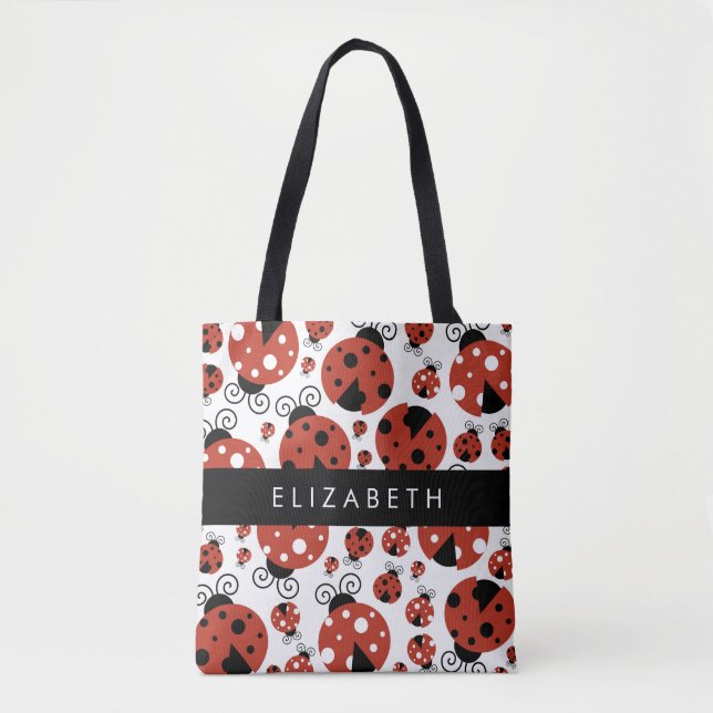 Bolso De Tela Patrón de Ladybugs, Ladybugs Rojos, Tu Nombre (Anverso)