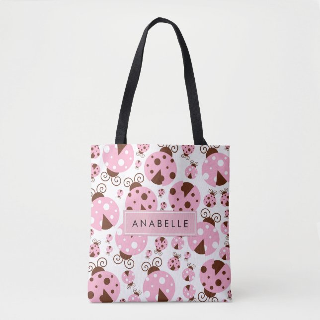 Bolso De Tela Patrón De Ladybugs, Ladybugs Rosados, Su Nombre (Anverso)