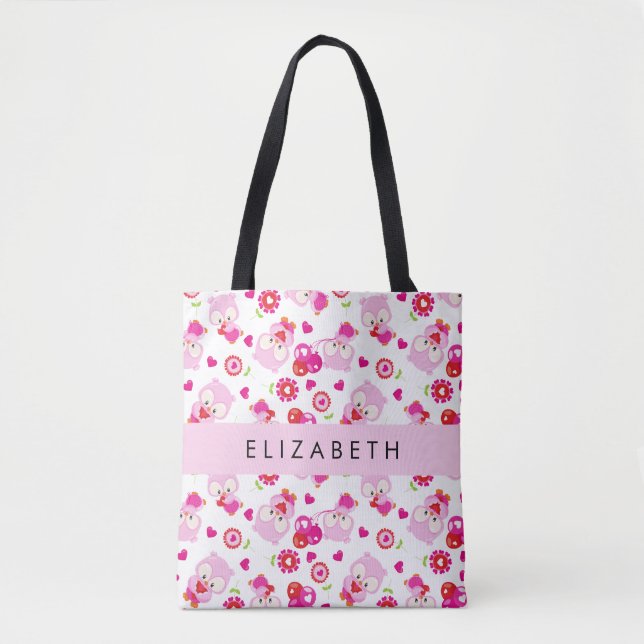 Bolso De Tela Patrón De Lechuzas, Lechuzas Cutas, Lechuzas Rosad (Anverso)