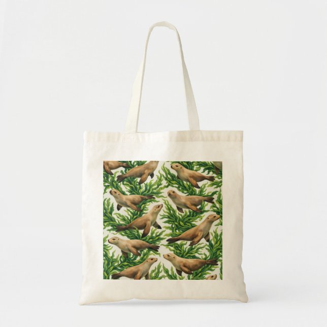 Bolso De Tela Patrón de León Marino y Bosque de Algas (Frente)