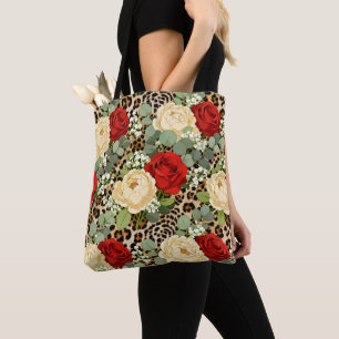 Bolso De Tela Patrón de Leopardo de Lujo y Rosa Roja