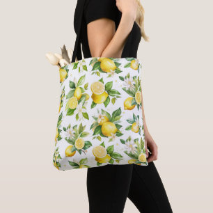 Bolso De Tela Patrón de limón, flores de limón, hojas, cítricos