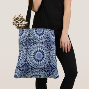 Bolso De Tela Patrón de Mandala de Caleidoscopio Azul y Blanco