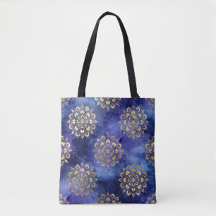 Bolso De Tela Patrón de Mandala Dharma de Galaxia Dorada y Azul