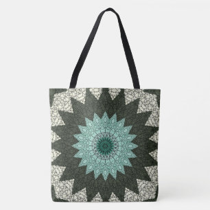 Bolso De Tela Patrón de Mandala Geométrico Verde y Turquesa