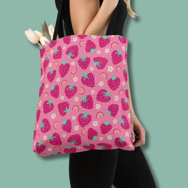 Bolso De Tela Patrón de margarita arcoíris de fresa (Pink strawberry daisy tote bag)