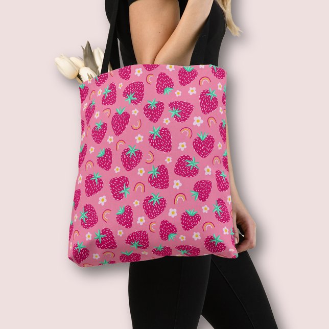 Bolso De Tela Patrón de margarita arcoiris de fresa (Strawberry Flowers and rainbow patterned tote bag)