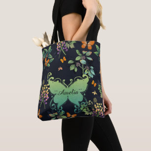 Bolso De Tela Patrón de mariposa floral oscuro personalizado de