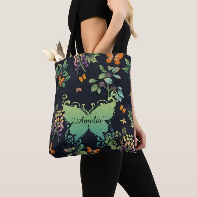 Bolso De Tela Patrón de mariposa floral oscuro personalizado de  (Detalle)