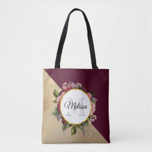 Bolso De Tela Patrón de mármol dorado y monograma floral borgoño