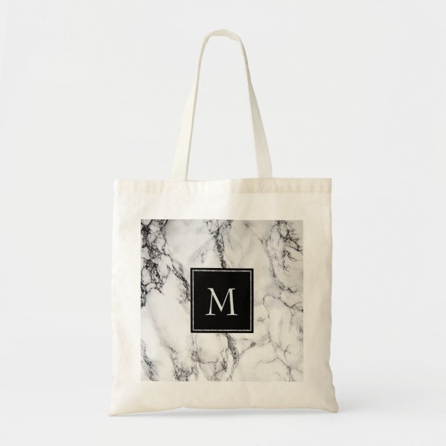 Bolso De Tela Patrón De Mármol Gris Y Negro Monogramado (Frente)