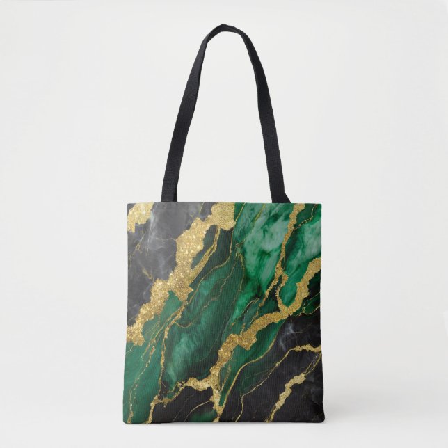 Bolso De Tela Patrón de mármol verde con oro (Anverso)