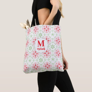 Bolso De Tela Patrón de monograma festivo de Navidad rojo verde