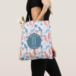 Bolso De Tela Patrón de monograma naumático azul coral