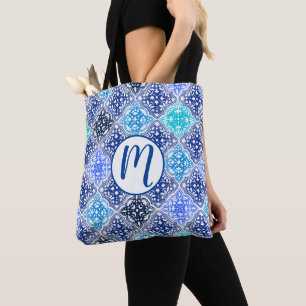 Bolso De Tela Patrón de mosaico marroquí pintado de azul