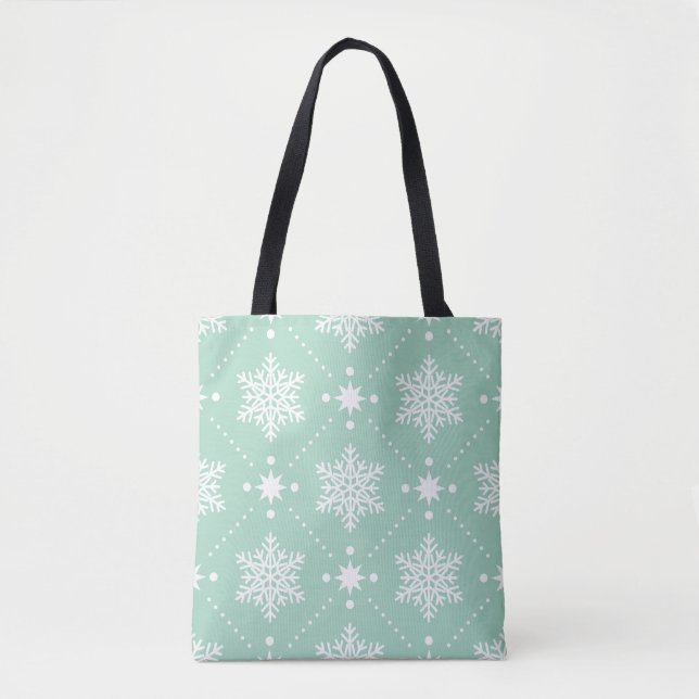 Bolso De Tela Patrón de Navidades de copos de nieve blanco verde (Anverso)