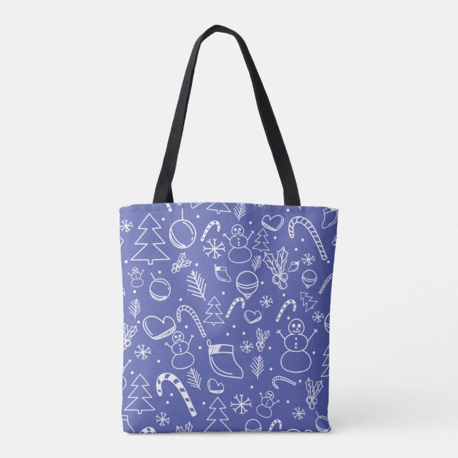 Bolso De Tela Patrón de Navidades de Doodle Azul - Diversión y F (Reverso)