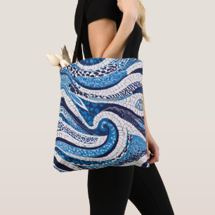 Bolso De Tela Patrón de onda blanca azul 05