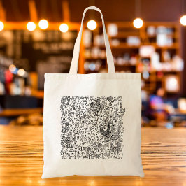 Bolso De Tela Patrón de pájaros decorativos boho en blanco y neg