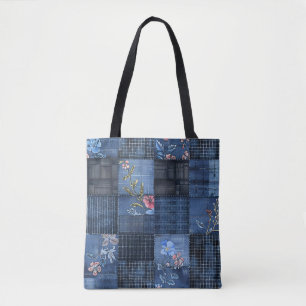 Bolso De Tela Patrón de parches florales índigo   Boho Denim