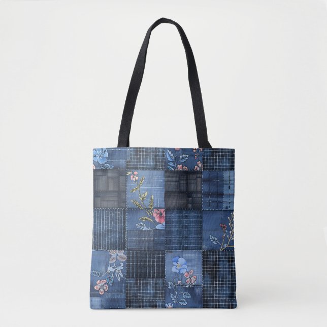 Bolso De Tela Patrón de parches florales índigo | Boho Denim (Anverso)