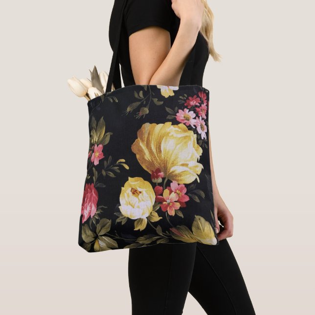 Bolso De Tela patrón de peonía amarilla en negro (Detalle)