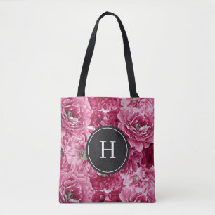 Bolso De Tela Patrón de peonías botánicas rosadas con monograma